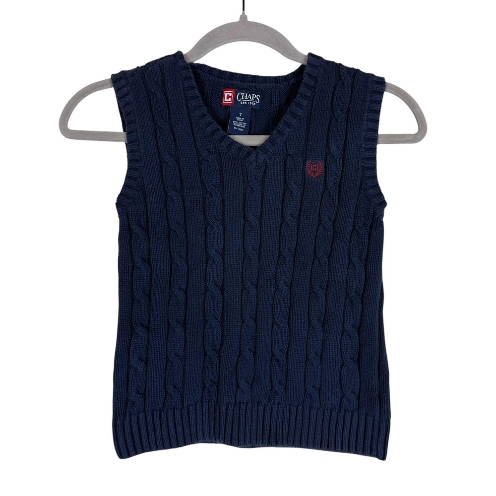 Chaps Sweater Vest Boys 7 Blue Cable‎ Knit V Neck Cotton Preppy School Layering